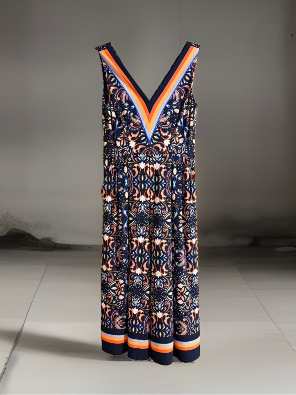 Vince Camuto Navy Multicolor Printed V-Neck Maxi Jumpsuit